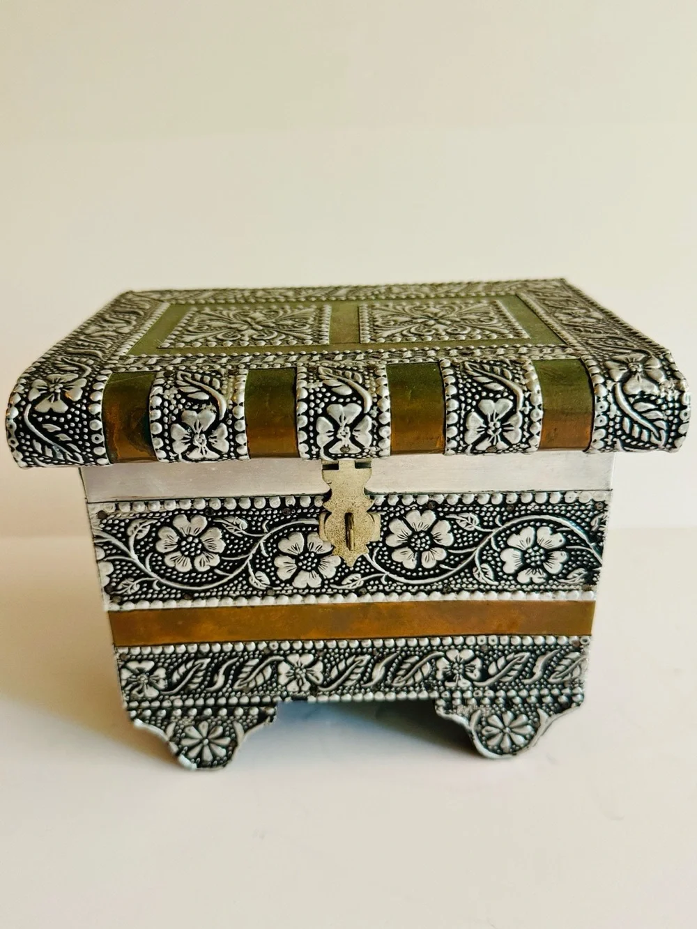 Vintage Tin and Copper Floral Embossed Jewelry Box with Mirrors + Velvet lining.
